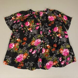 Roaman's Blouse Top Women's 20W Button Front Floral Print Black Pink‎ Rayon